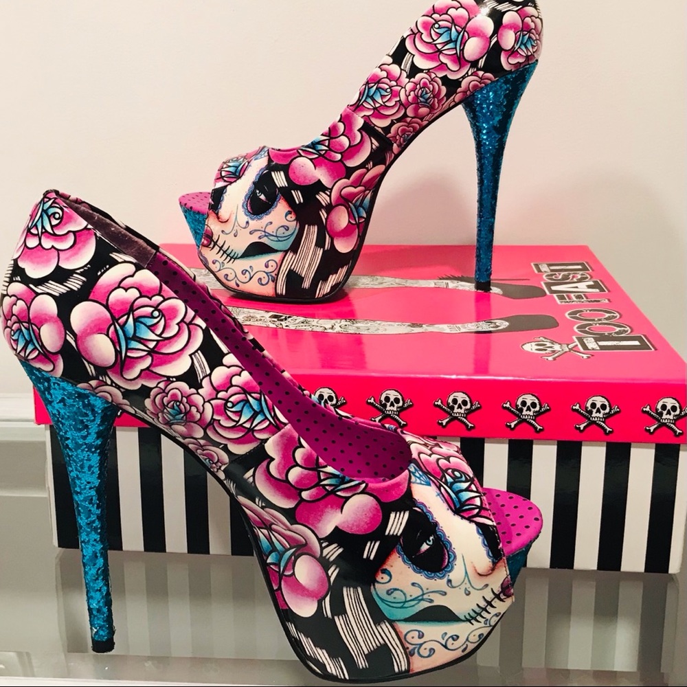 TOO FAST Day of The Dead Sugar Skull Mega Heel Retro- Glam- Pinup- Goth- Party